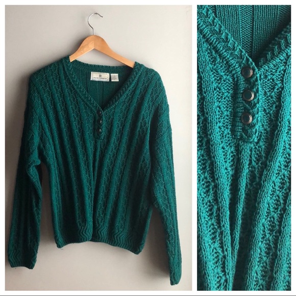 Vintage Sweaters - Vintage Chunky Knit Emerald Green Cotton Blend Grandma Sweater Maggie Lawrence L